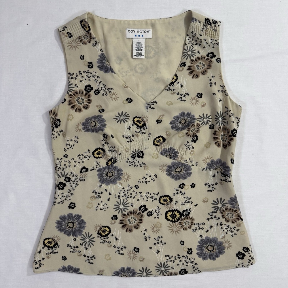 Y2K Covington Floral Beige Sleeveless V Neck Blouse Women's Sz 4 Full Side Zip